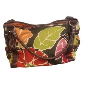 Fossil  Floral Canvas Brown/Orange/Green Bag Purse Braided Handles